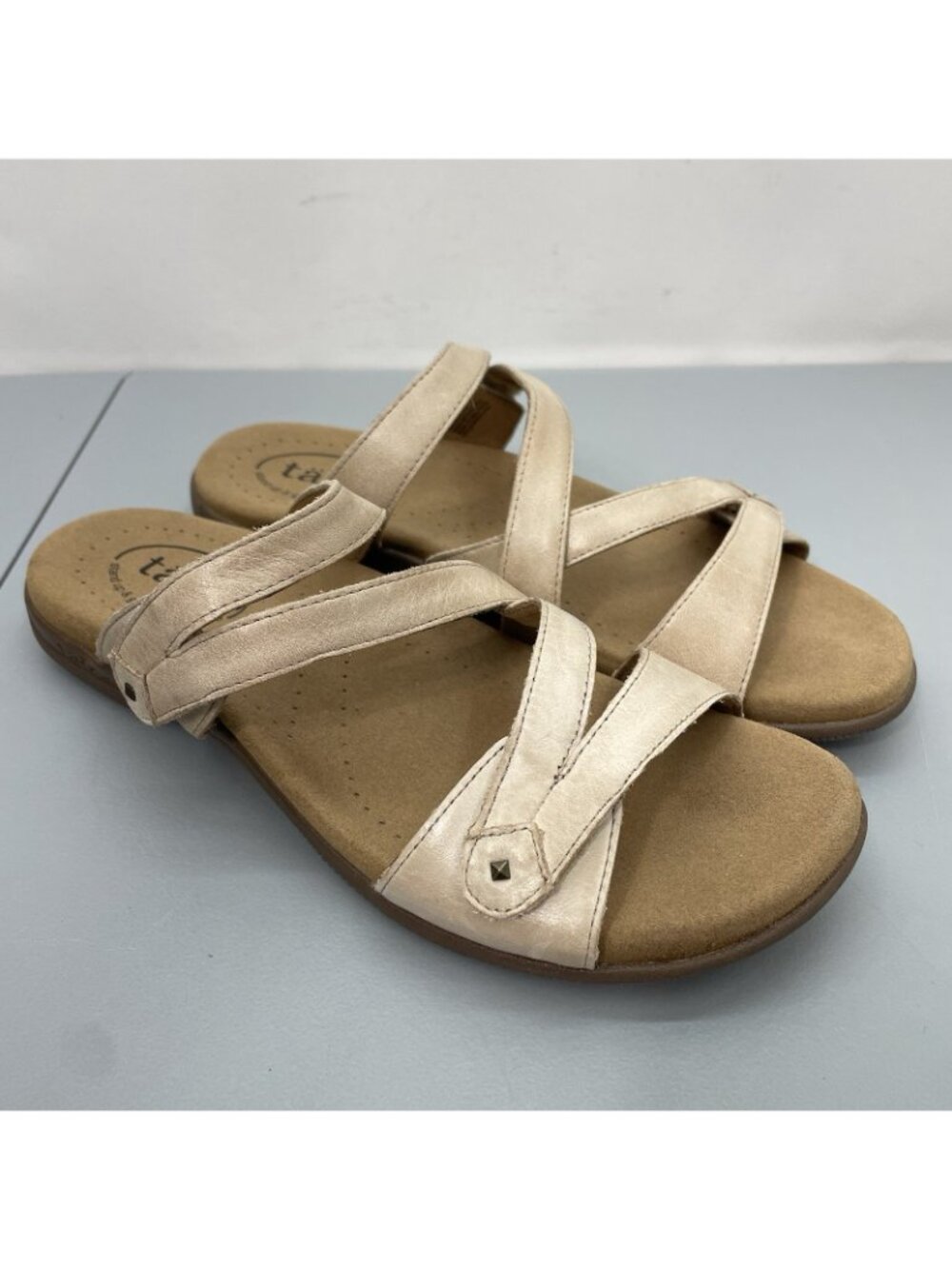Taos Double U Slide Sandals Comfort Strappy Slip On Leather Cream Womens 8 - Picture 3 of 12
